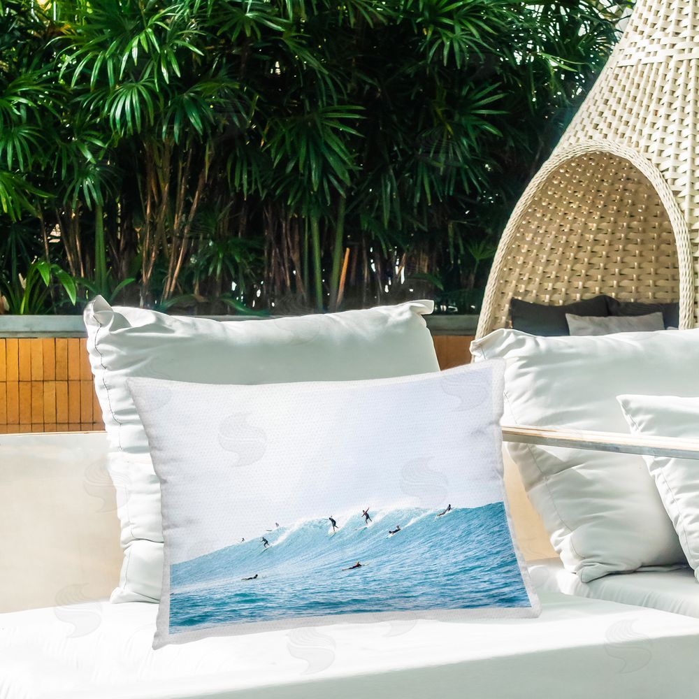 Sisi and Seb Blue Wave Surfers Outdoor Quick-Dry Polyester Printed Throw Pillow in Back Yard