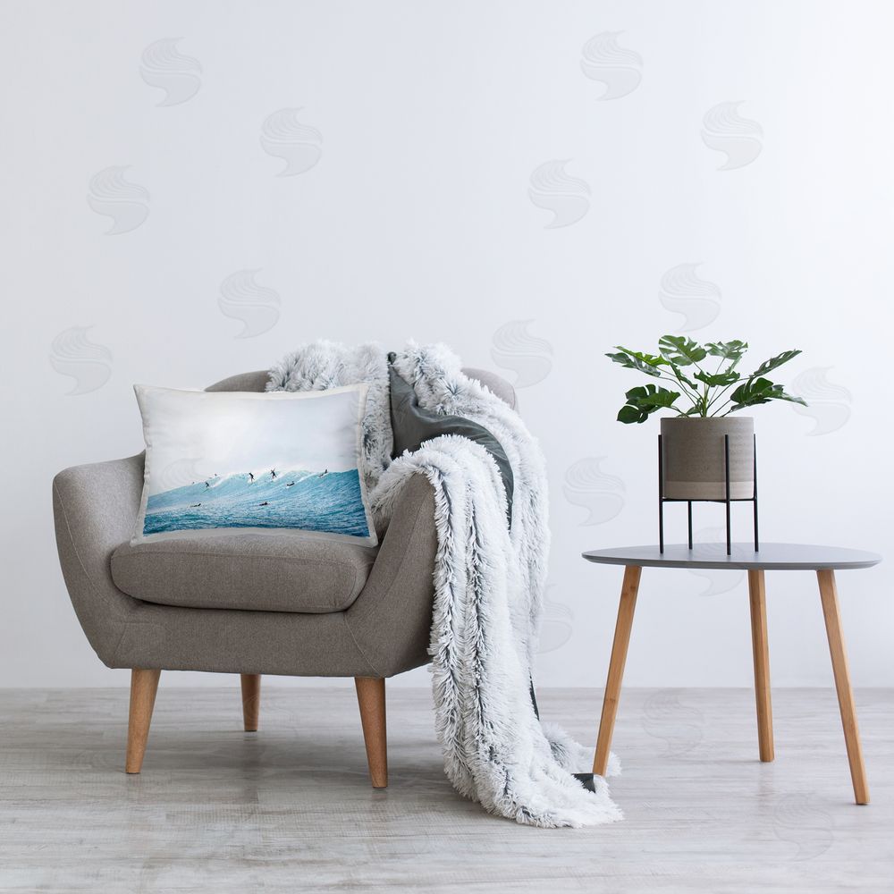 Sisi and Seb Blue Wave Surfers Printed Plush Polyester Throw Pillow On Chair