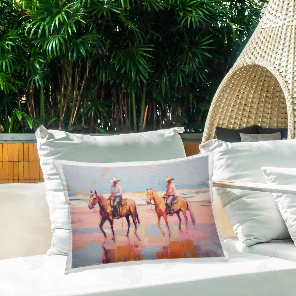 Sisi and Seb Two Cowboys in Creek Outdoor Quick-Dry Polyester Printed Throw Pillow in Back Yard