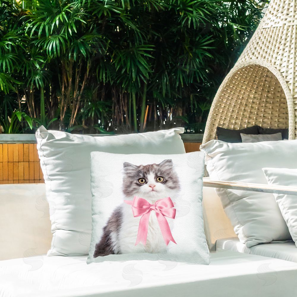 Sisi and Seb Kitten with Pink Bow Outdoor Quick-Dry Polyester Printed Throw Pillow in Back Yard