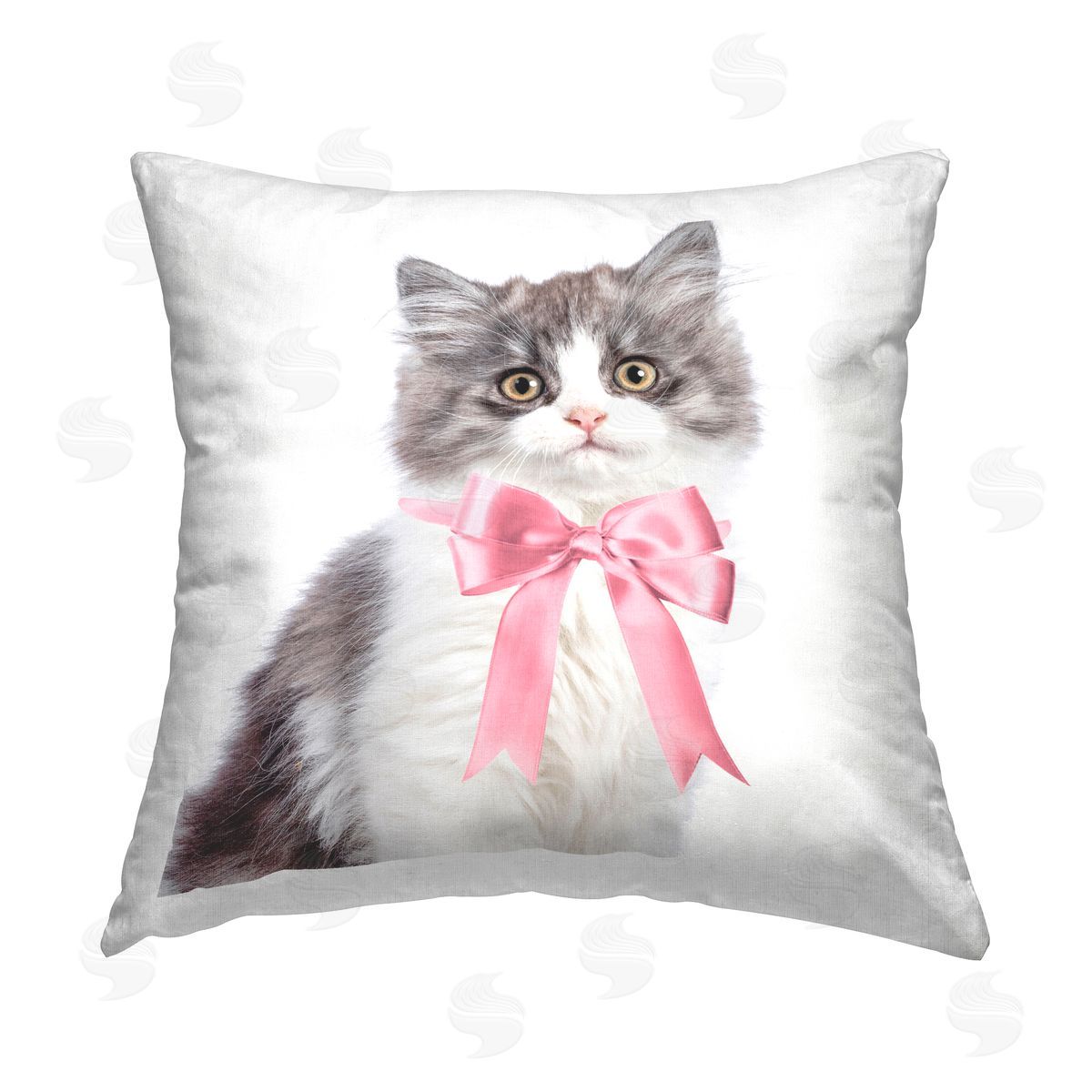 Sisi and Seb Kitten with Pink Bow Printed Plush Polyester Throw Pillow