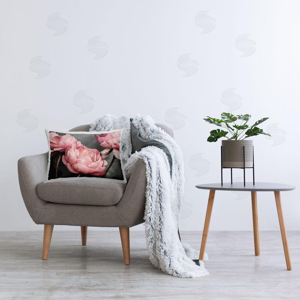 Sisi and Seb Pink Peonies Trio Printed Plush Polyester Throw Pillow On Chair