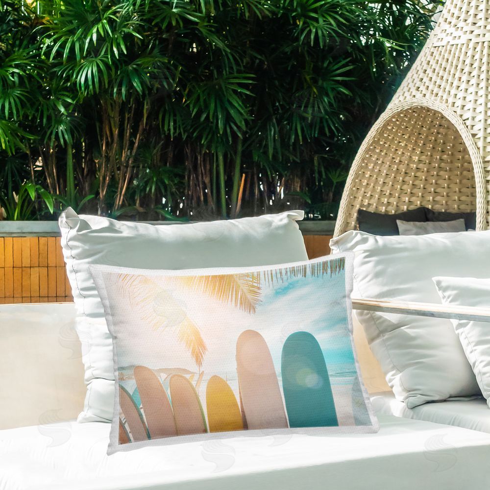 Sisi and Seb Sunny Beach Surfboards Outdoor Quick-Dry Polyester Printed Throw Pillow in Back Yard