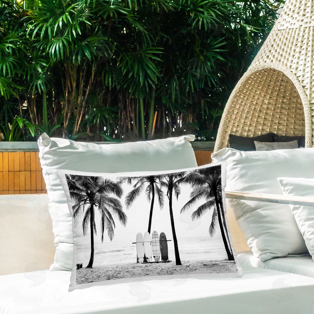 Sisi and Seb Centered Surf Boards View Outdoor Quick-Dry Polyester Printed Throw Pillow in Back Yard