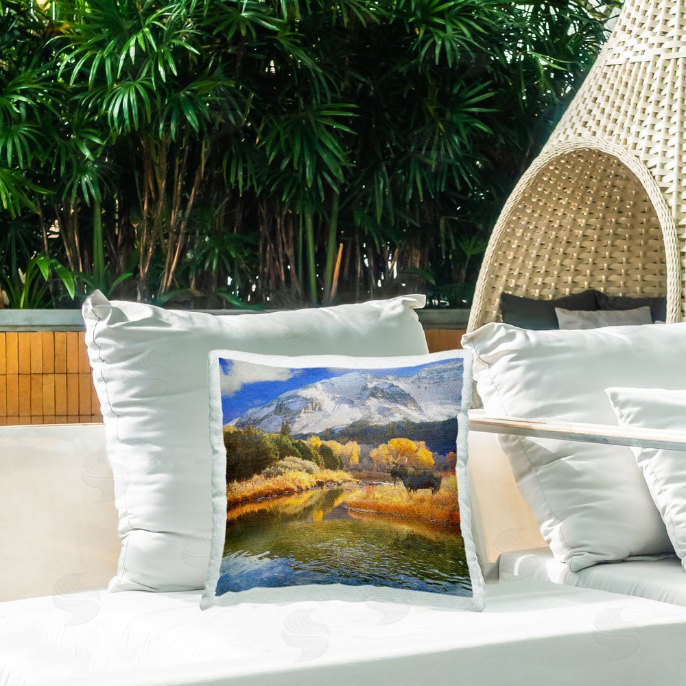 Chris Vest Moose on Dolores River Outdoor Quick-Dry Polyester Printed Throw Pillow in Back Yard