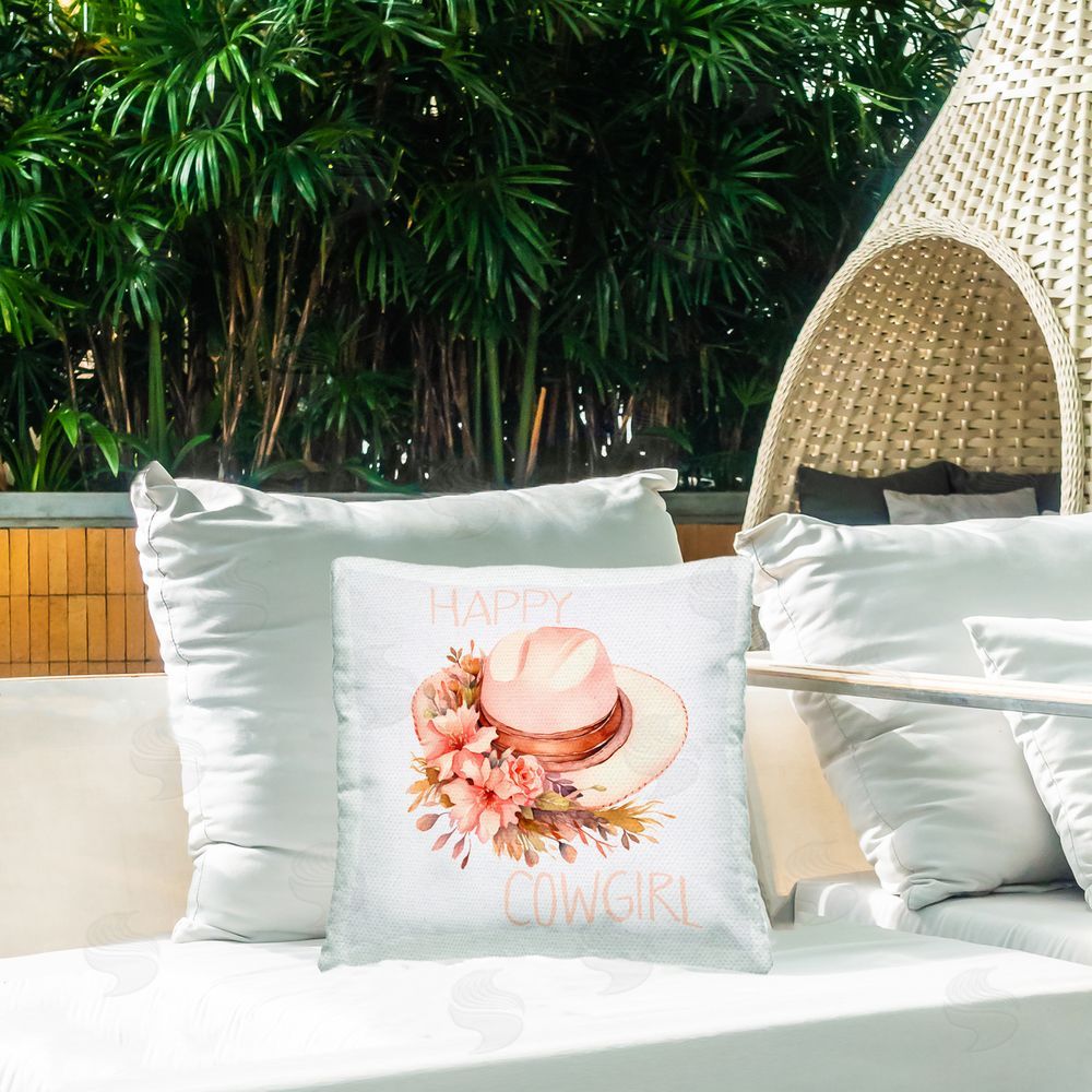 Andrea Haase Pink Cowgirl Boots Howdy Outdoor Quick-Dry Polyester Printed Throw Pillow in Back Yard