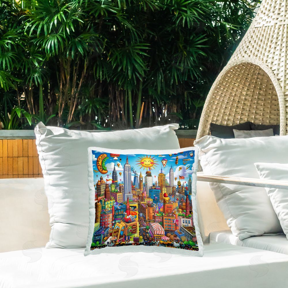 Ray Powers Fun Zany Cityscape Outdoor Quick-Dry Polyester Printed Throw Pillow in Back Yard