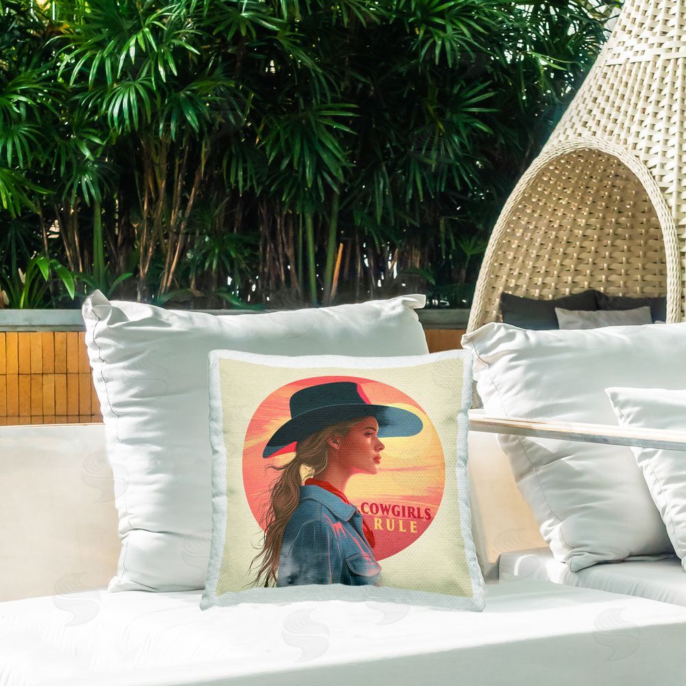 Steve Hunziker Cowgirls Rule Portrait Outdoor Quick-Dry Polyester Printed Throw Pillow in Back Yard