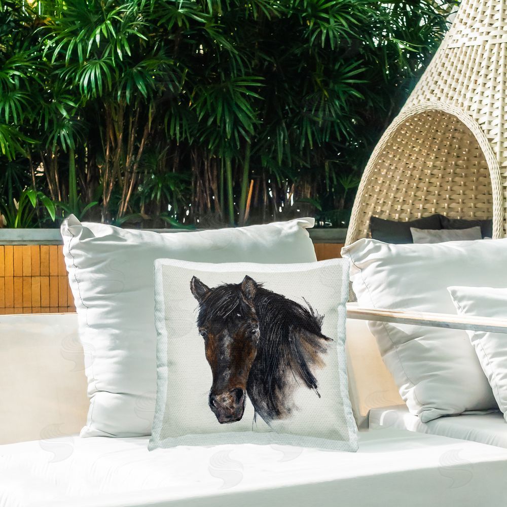 Filippo Ioco Paint Stroke Black Horse Outdoor Quick-Dry Polyester Printed Throw Pillow in Back Yard