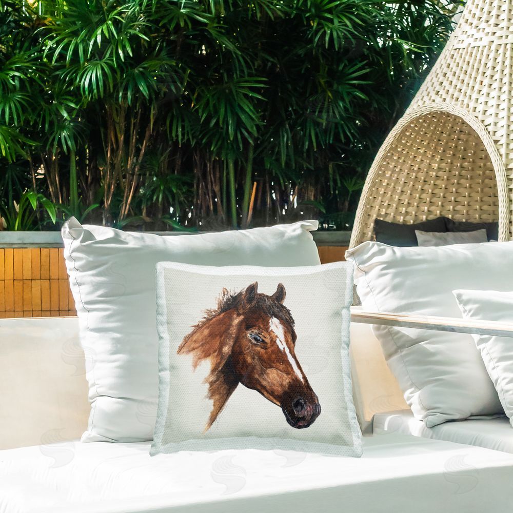 Filippo Ioco Detailed Brown Horse Outdoor Quick-Dry Polyester Printed Throw Pillow in Back Yard