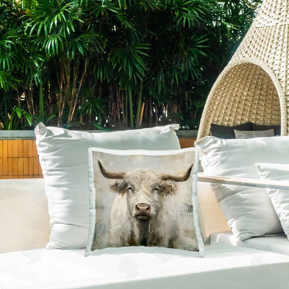 Steve Hunziker Fluffy Longhorn Cattle Outdoor Quick-Dry Polyester Printed Throw Pillow in Back Yard