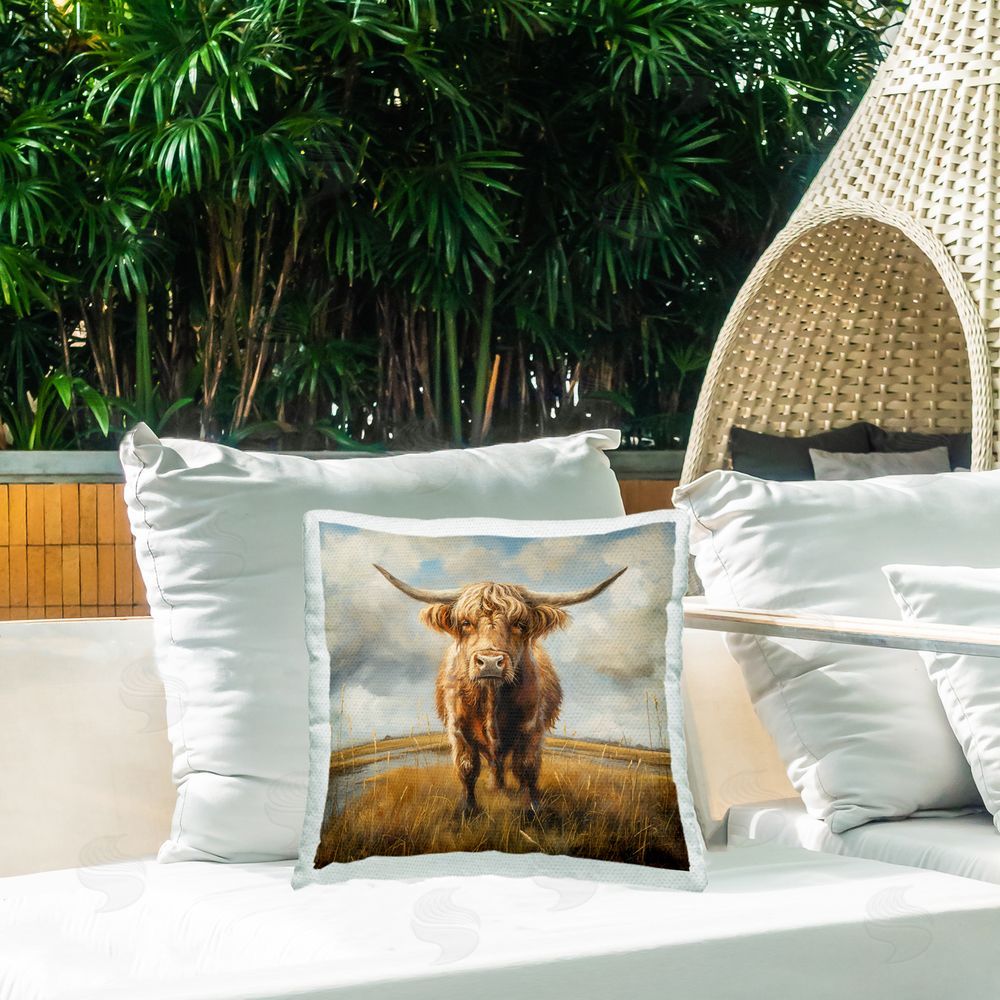 Steve Hunziker Cattle on Scenic Farm Outdoor Quick-Dry Polyester Printed Throw Pillow in Back Yard