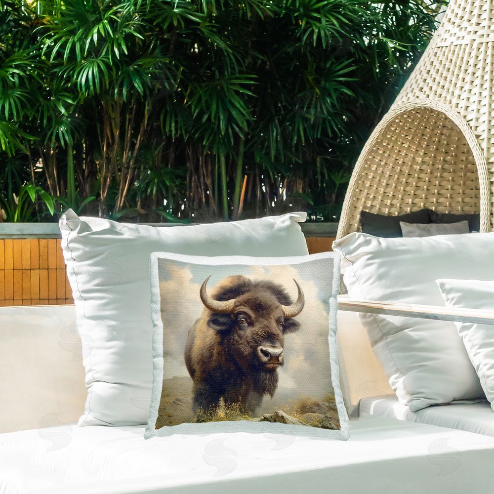 Steve Hunziker Strong Bison Horns Outdoor Quick-Dry Polyester Printed Throw Pillow in Back Yard