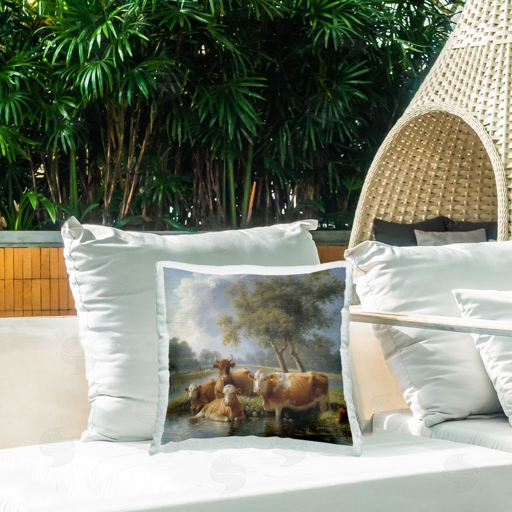 Steve Hunziker Cow Family Charming Scene Outdoor Quick-Dry Polyester Printed Throw Pillow in Back Yard