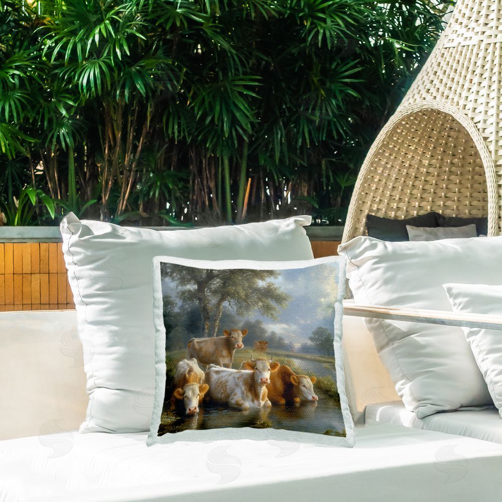 Steve Hunziker Cow Family at Creek Outdoor Quick-Dry Polyester Printed Throw Pillow in Back Yard
