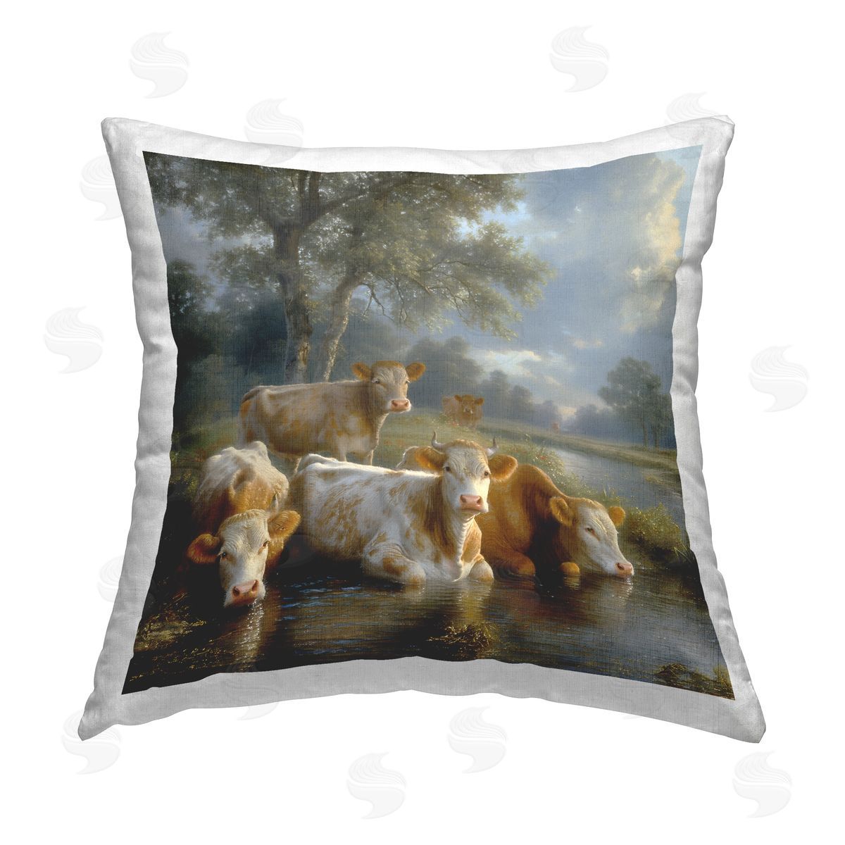 Steve Hunziker Cow Family at Creek Printed Plush Polyester Throw Pillow