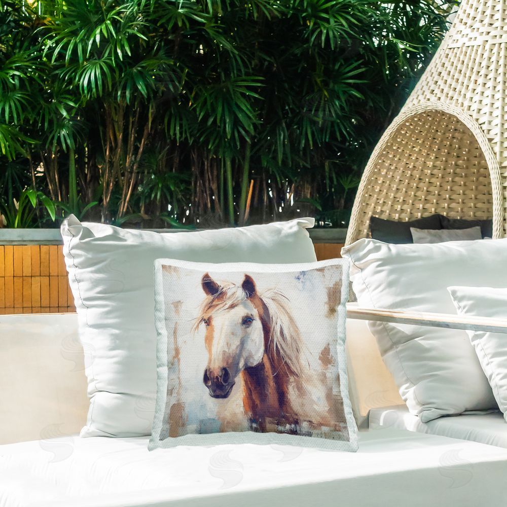 Steve Hunziker Rustic Horse Impression Outdoor Quick-Dry Polyester Printed Throw Pillow in Back Yard