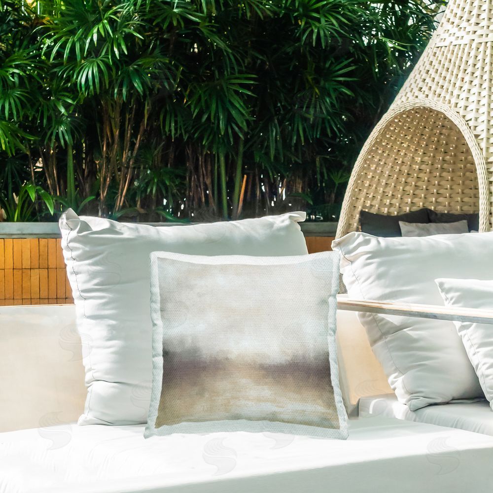 J:L Design Foggy Beige Landscape Outdoor Quick-Dry Polyester Printed Throw Pillow in Back Yard