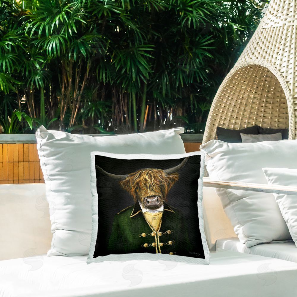 Bree Merryn Colonial Coat Cattle Outdoor Quick-Dry Polyester Printed Throw Pillow in Back Yard