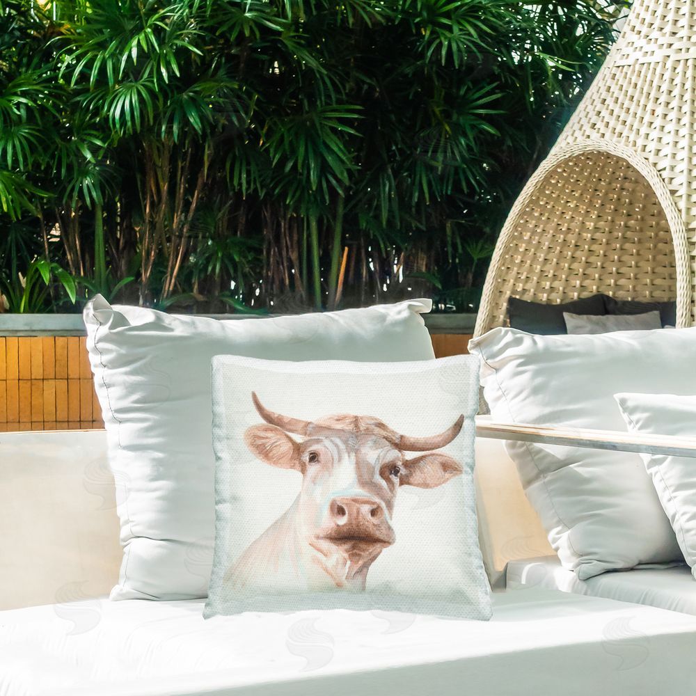 Errico & Slyp Cream Beige Cow Outdoor Quick-Dry Polyester Printed Throw Pillow in Back Yard