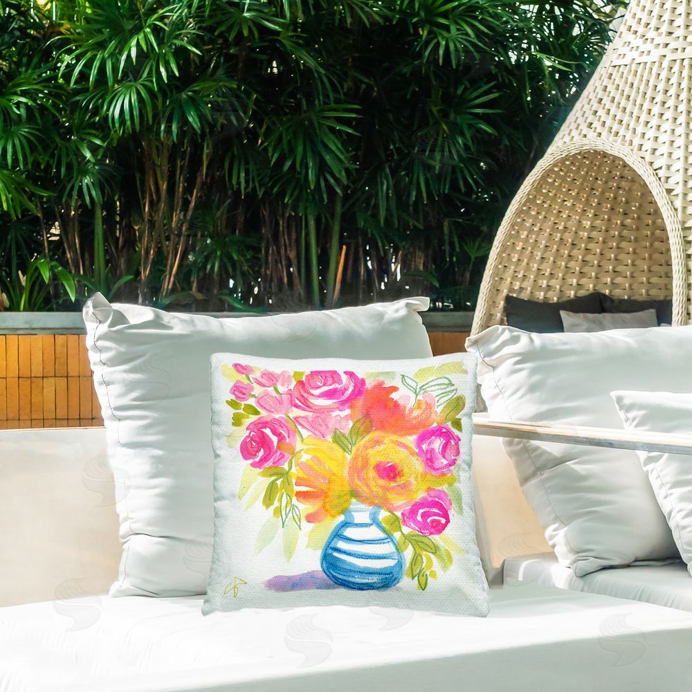 Suzanne Allard Pink & Yellow Bouquet Outdoor Quick-Dry Polyester Printed Throw Pillow in Back Yard