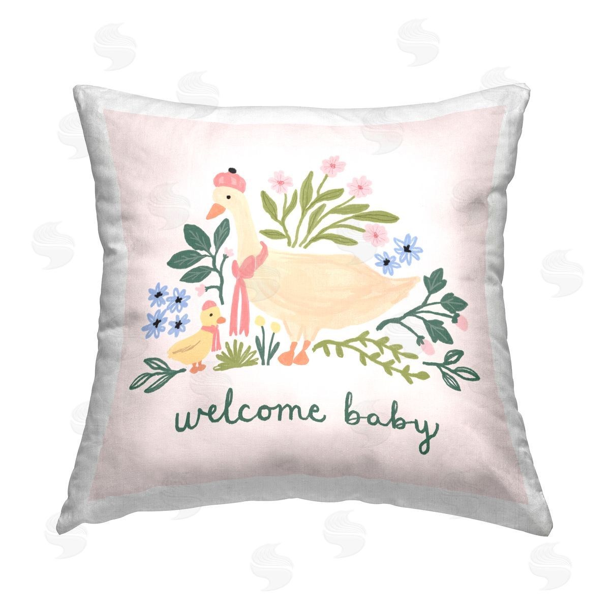 Nina Muis Surface Design Welcome Baby Floral Duck Printed Plush Polyester Throw Pillow