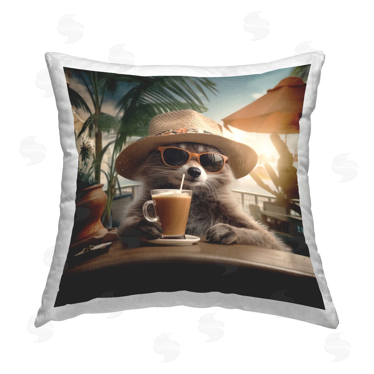 RB Animal Sipping Tropical Drink Printed Plush Polyester Throw Pillow