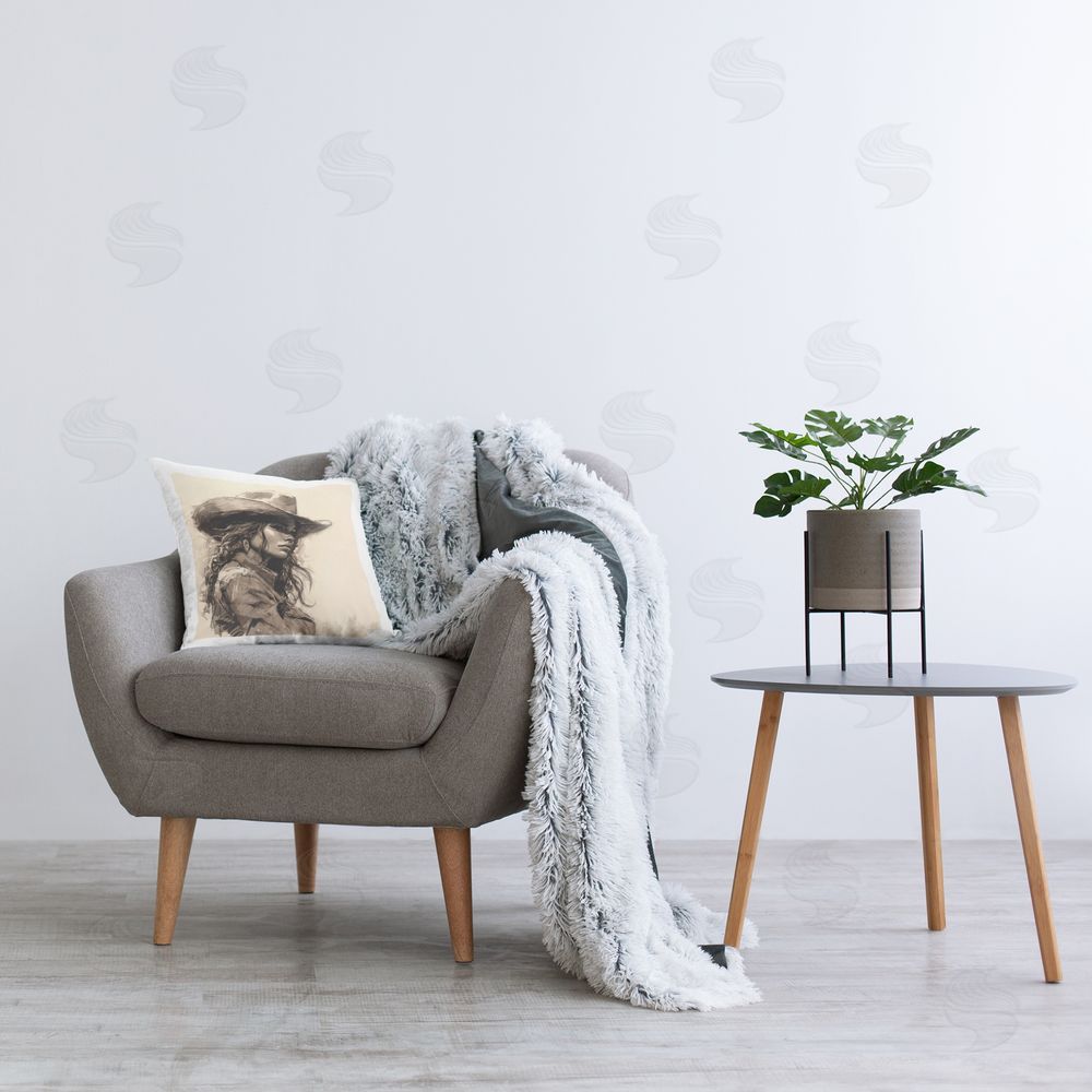 RB Stoic Cowgirl Looking Away Printed Plush Polyester Throw Pillow On Chair