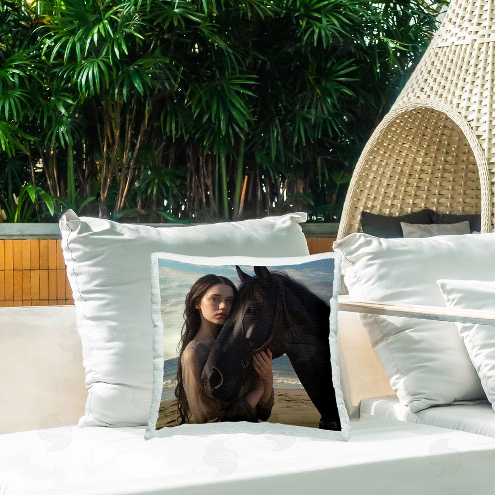 RB Beautiful Girl & Stallion Outdoor Quick-Dry Polyester Printed Throw Pillow in Back Yard