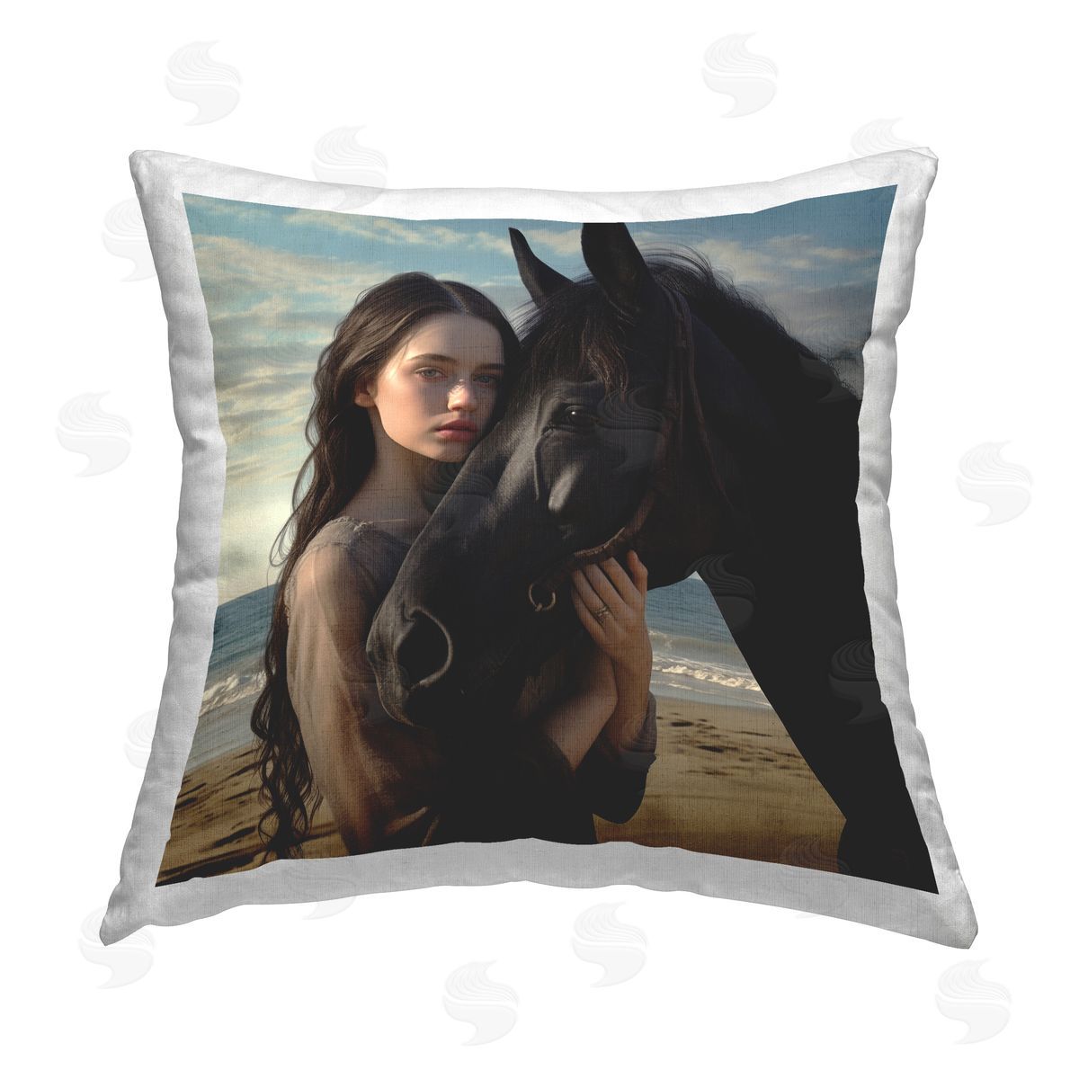 RB Beautiful Girl & Stallion Printed Plush Polyester Throw Pillow