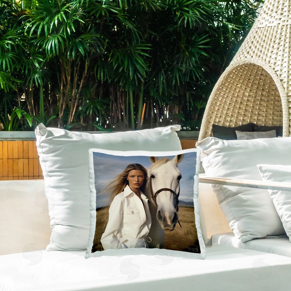 RB Equestrian Girl & White Horse Outdoor Quick-Dry Polyester Printed Throw Pillow in Back Yard