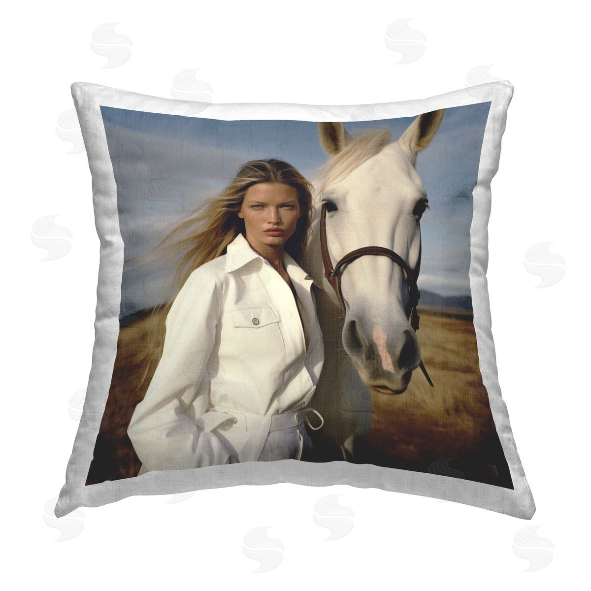 RB Equestrian Girl & White Horse Printed Plush Polyester Throw Pillow