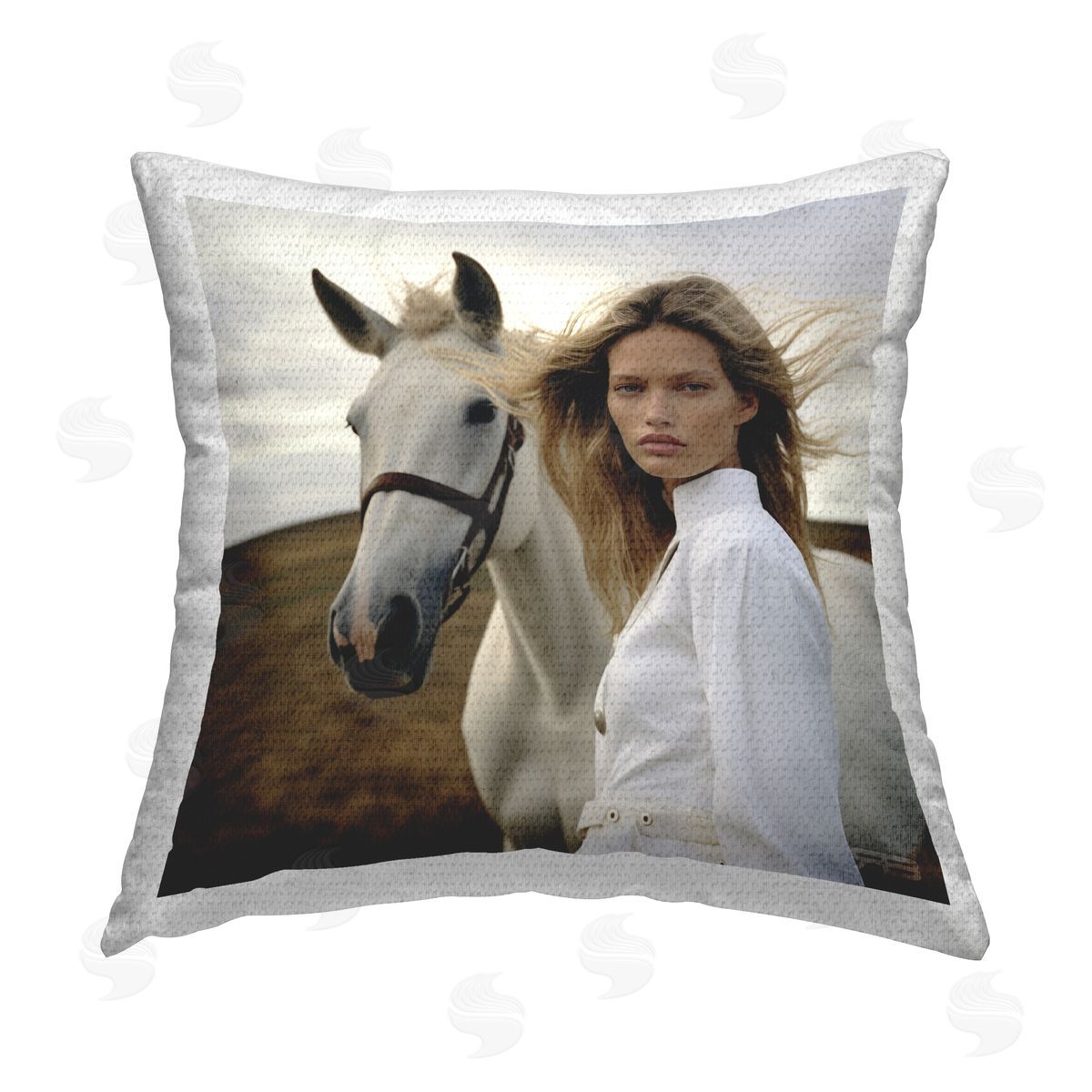 RB Girl in White with Horse Outdoor Quick-Dry Polyester Printed Throw Pillow