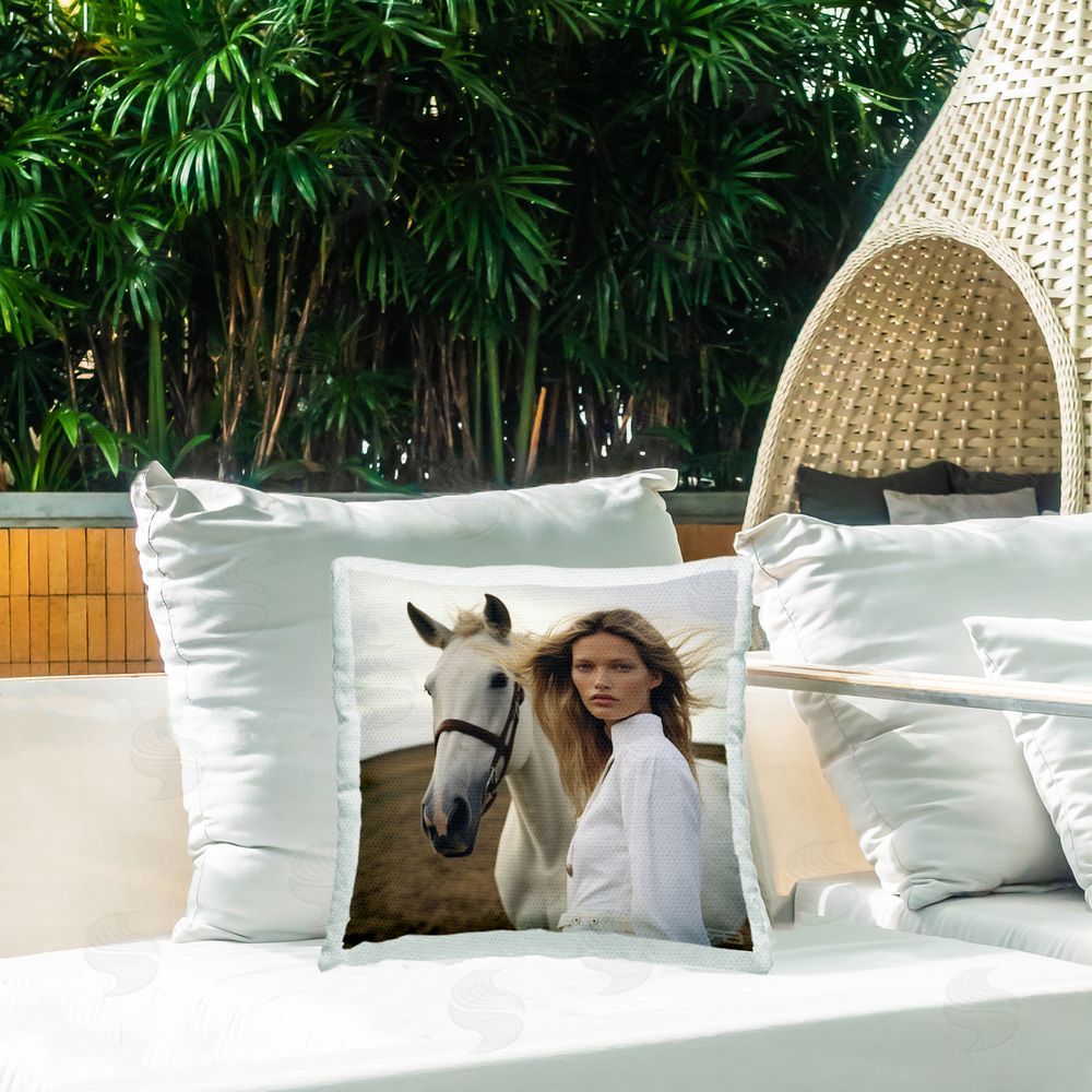 RB Girl in White with Horse Outdoor Quick-Dry Polyester Printed Throw Pillow in Back Yard