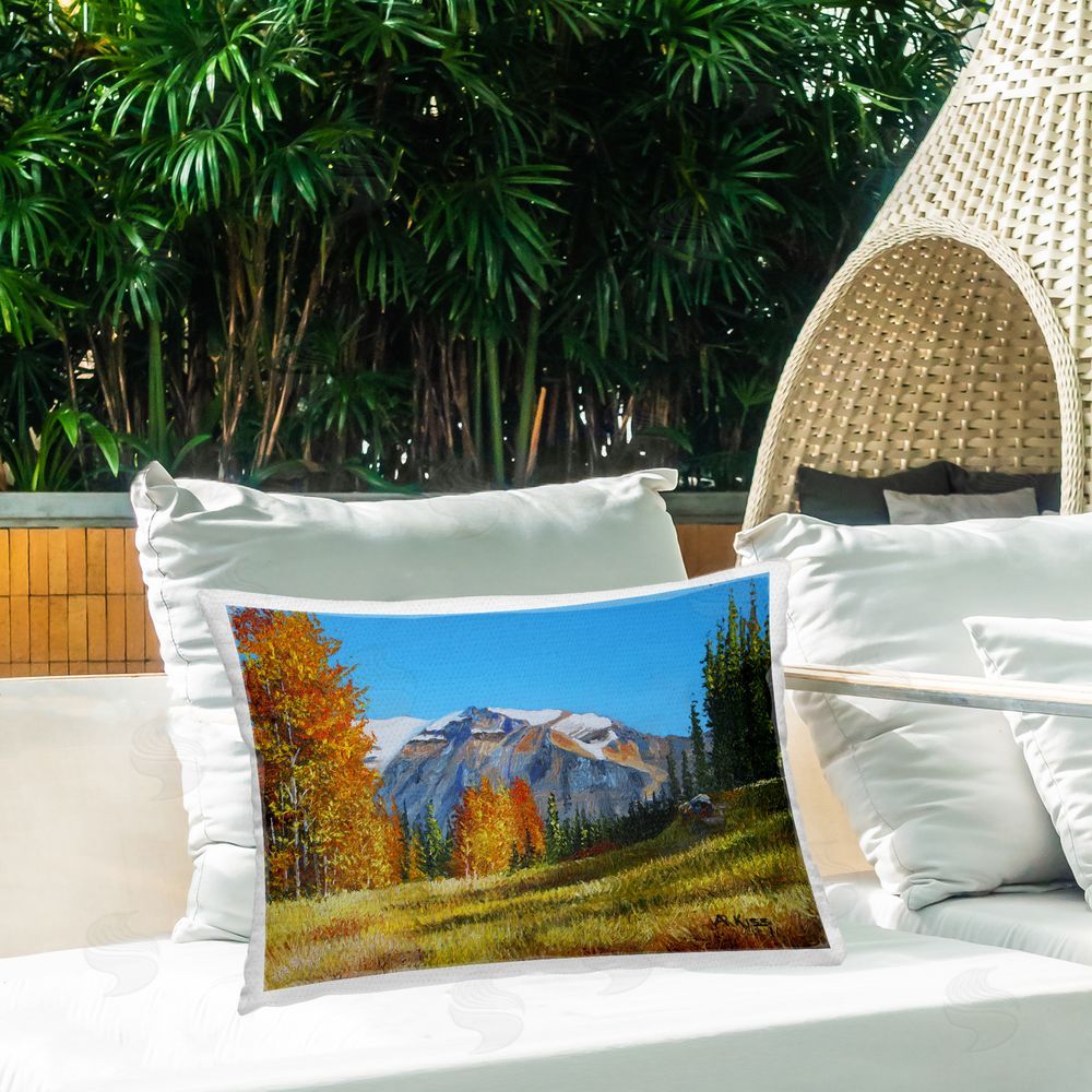 Andrew Kiss Autumnal Mountain Valley Outdoor Quick-Dry Polyester Printed Throw Pillow in Back Yard