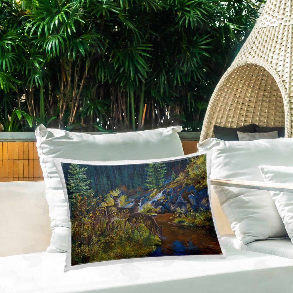 Andrew Kiss Deer Drinking from River Outdoor Quick-Dry Polyester Printed Throw Pillow in Back Yard