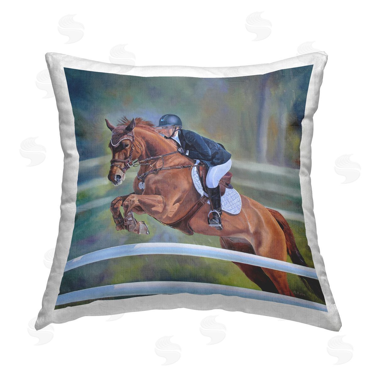 Andrew Kiss Jockey Jumping Hurdles Printed Plush Polyester Throw Pillow