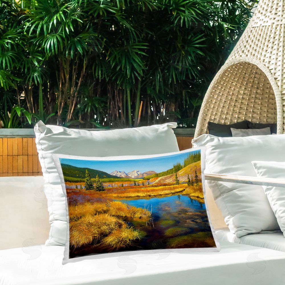 Andrew Kiss Autumn Marsh View Outdoor Quick-Dry Polyester Printed Throw Pillow in Back Yard