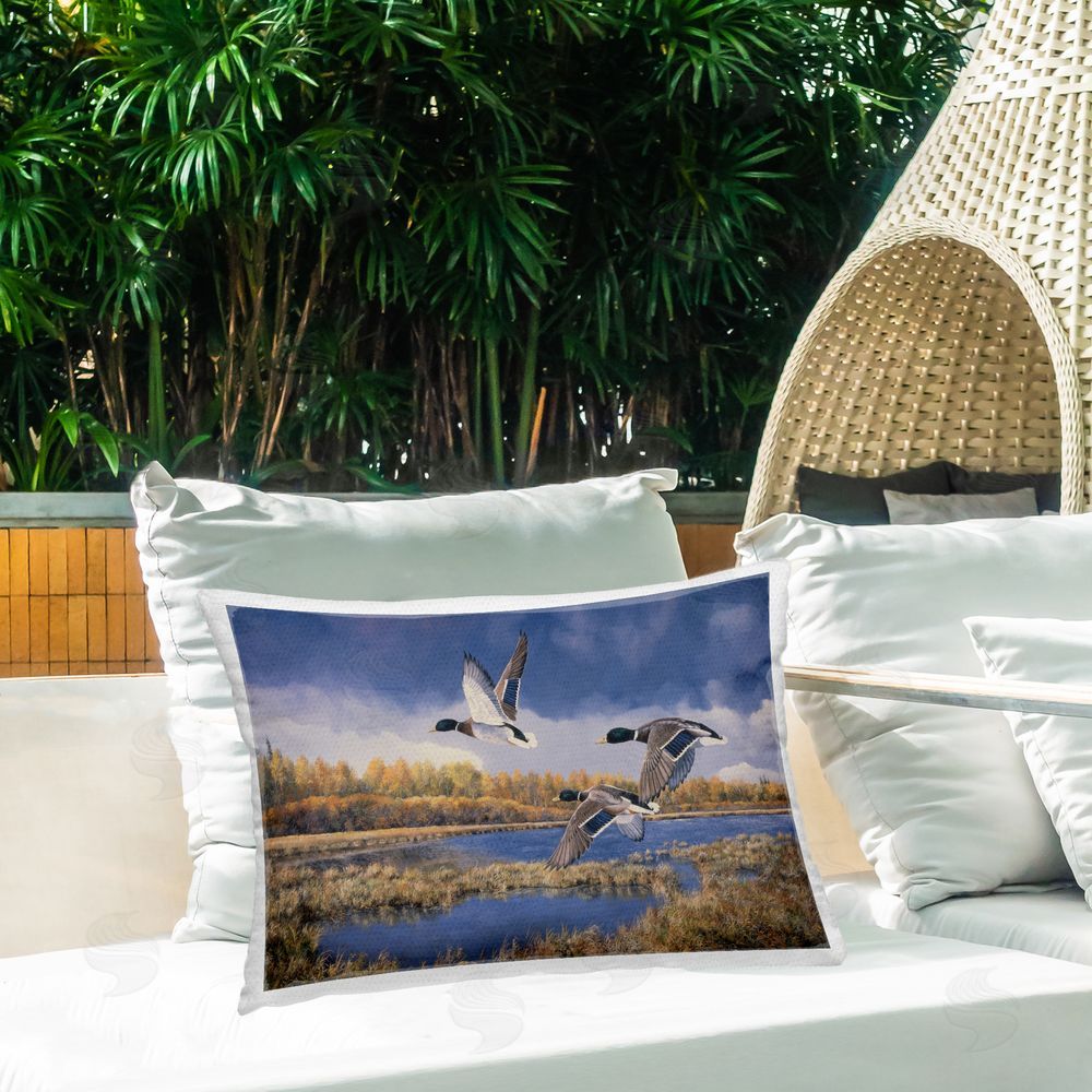 Andrew Kiss Ducks Heading South Outdoor Quick-Dry Polyester Printed Throw Pillow in Back Yard