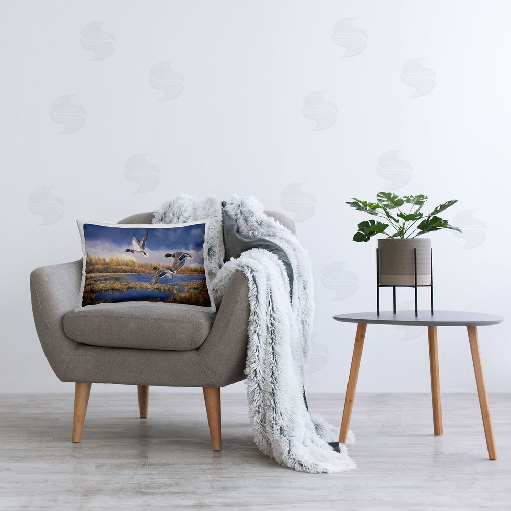 Andrew Kiss Ducks Heading South Printed Plush Polyester Throw Pillow On Chair