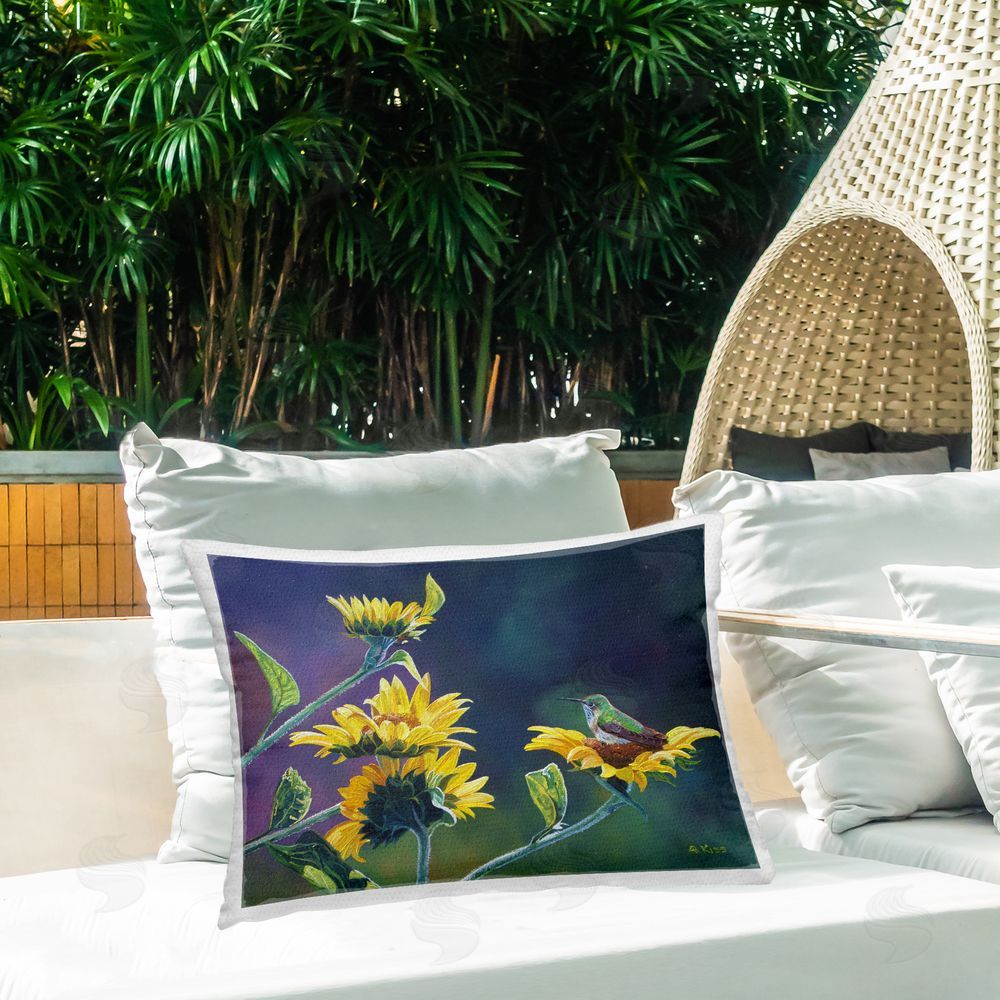 Andrew Kiss Resting Birds on Sunflowers Outdoor Quick-Dry Polyester Printed Throw Pillow in Back Yard
