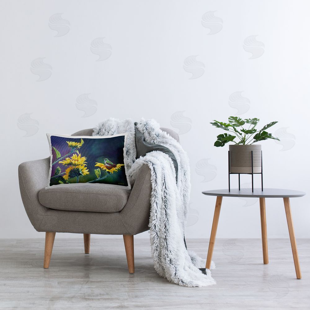 Andrew Kiss Resting Birds on Sunflowers Printed Plush Polyester Throw Pillow On Chair