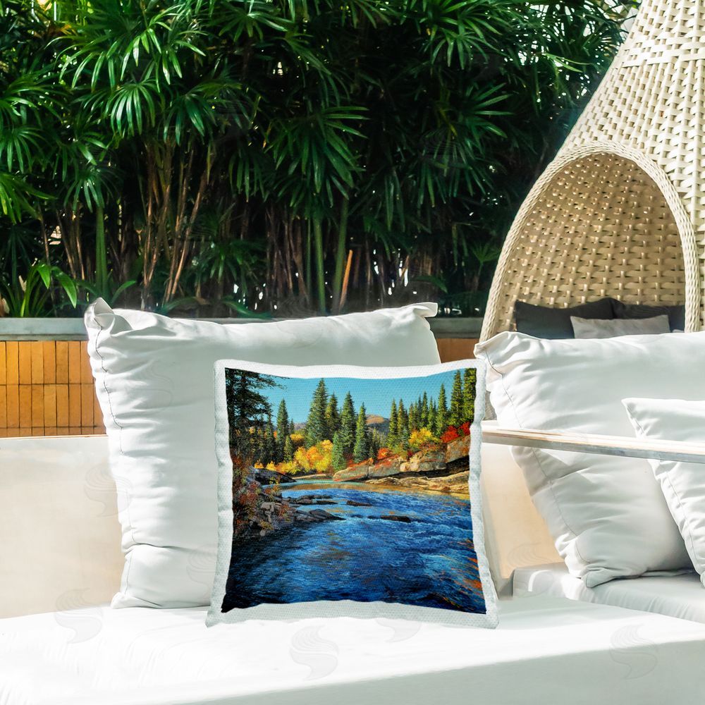 Andrew Kiss Morning Rushing River Outdoor Quick-Dry Polyester Printed Throw Pillow in Back Yard