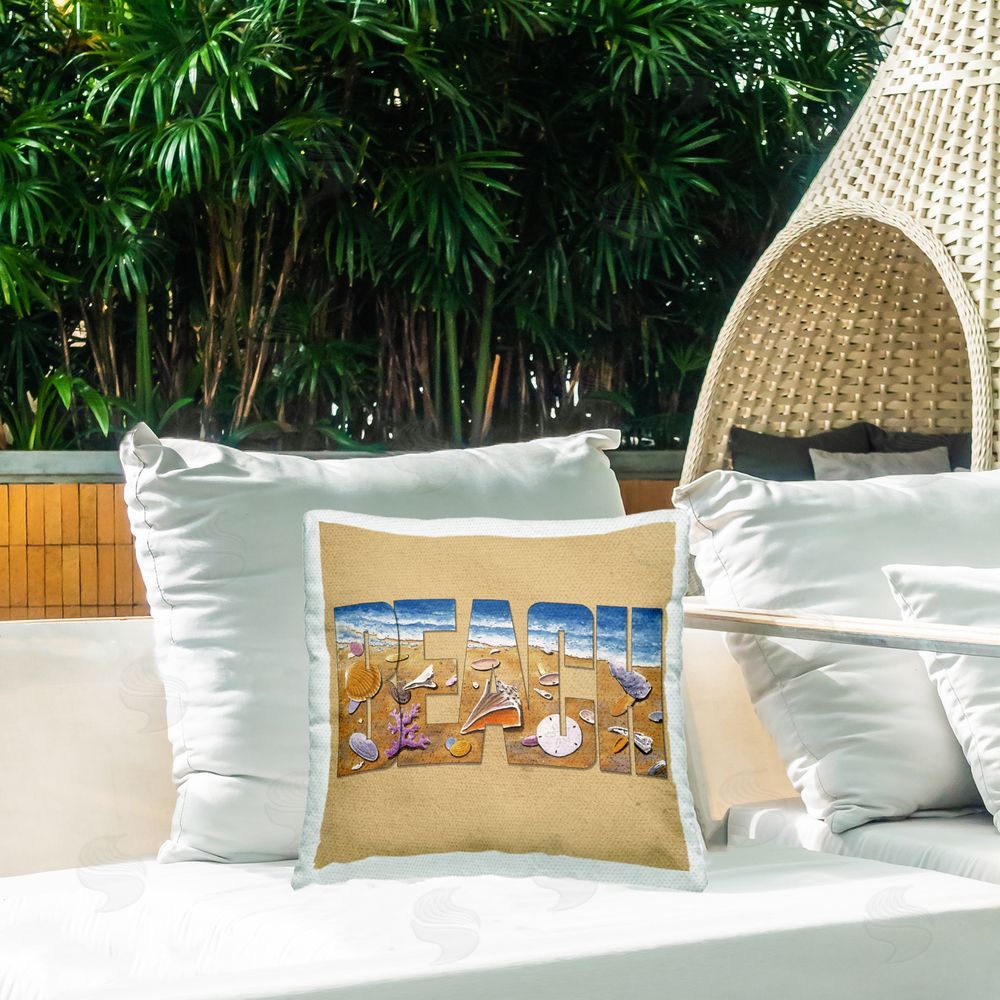 Art Brands Holdings LLC. Beach Letters Outline Outdoor Quick-Dry Polyester Printed Throw Pillow in Back Yard