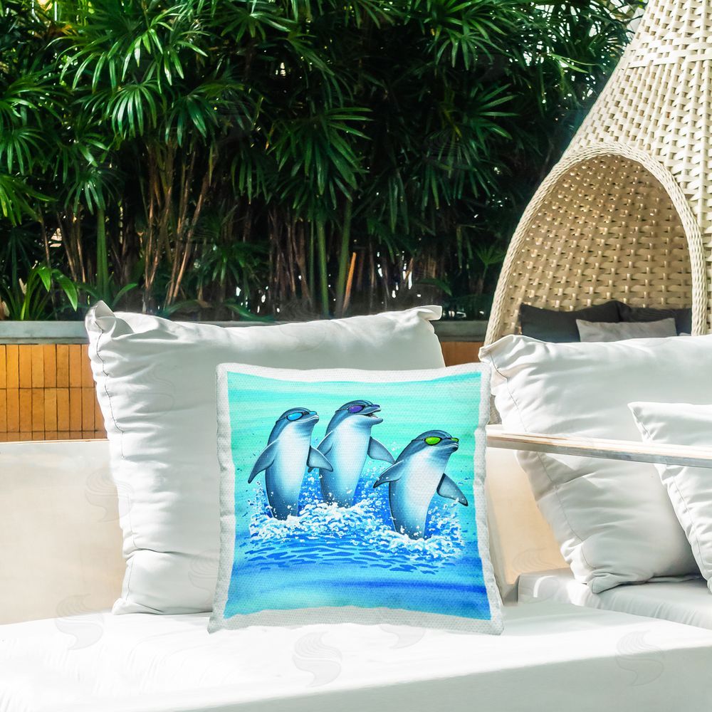 Art Brands Holdings LLC. Cool Dolphins Trio Outdoor Quick-Dry Polyester Printed Throw Pillow in Back Yard