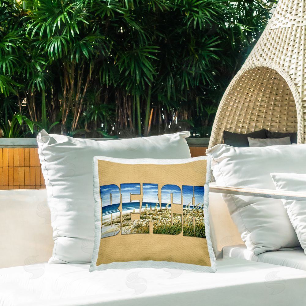 Art Brands Holdings LLC. Grassy Beach View Letters Outdoor Quick-Dry Polyester Printed Throw Pillow in Back Yard