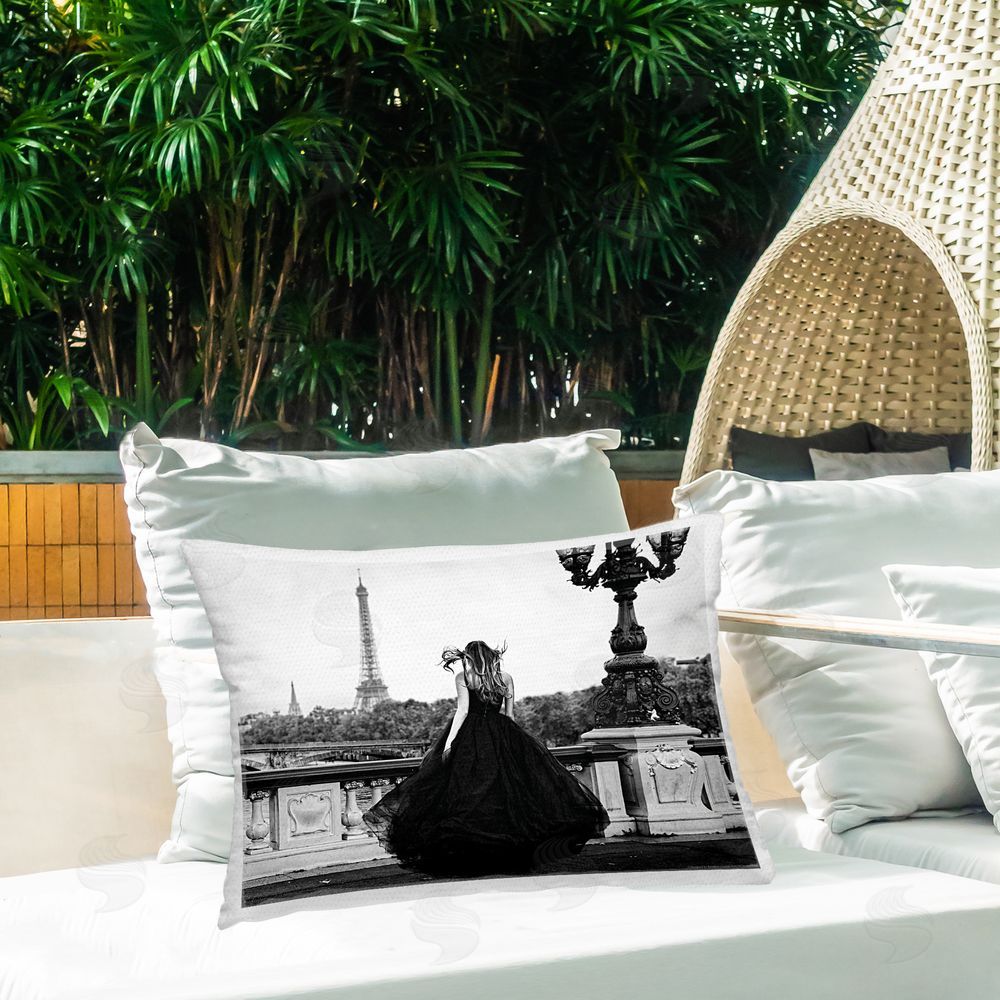 Reinders Girl in Gown Cityscape Outdoor Quick-Dry Polyester Printed Throw Pillow in Back Yard