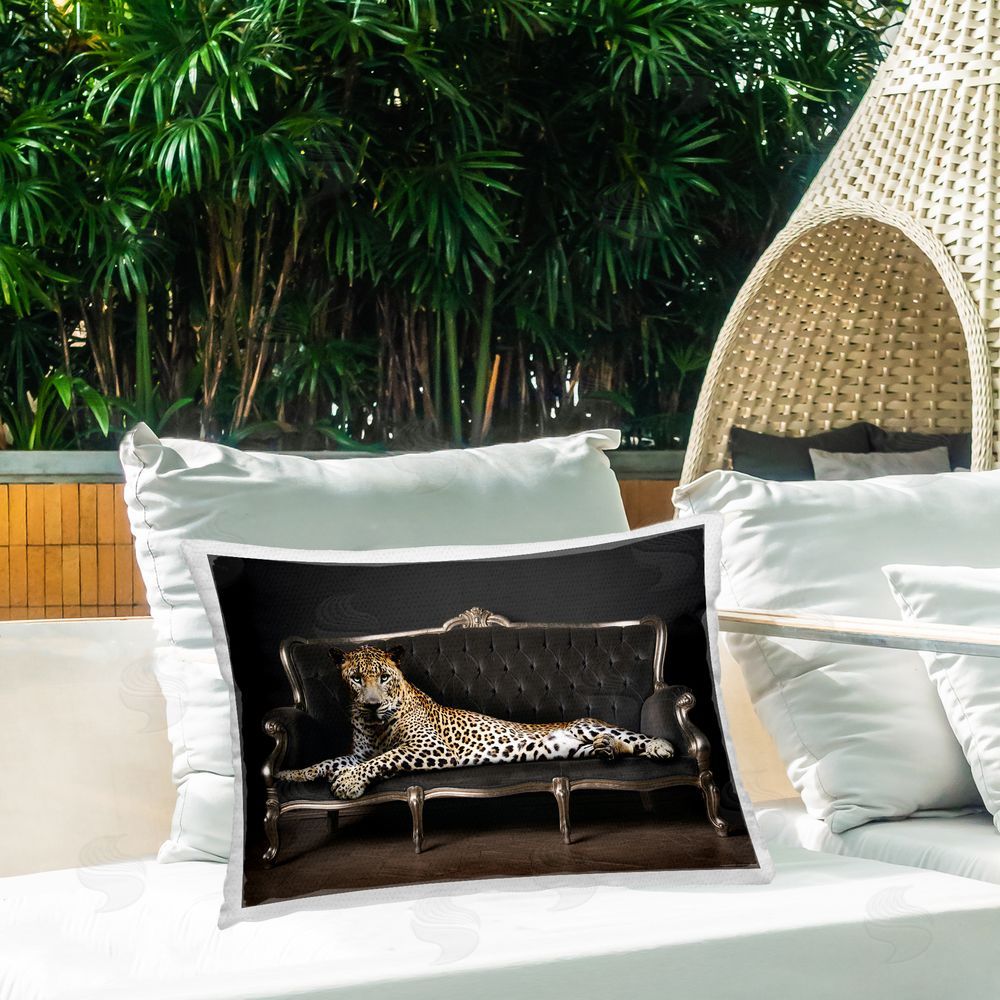 Reinders Cheetah Sprawled on Couch Outdoor Quick-Dry Polyester Printed Throw Pillow in Back Yard