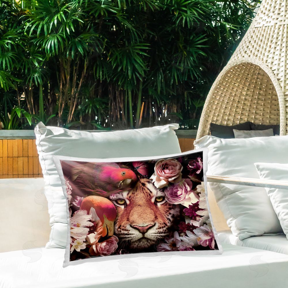 Reinders Tropical Birds & Tiger Outdoor Quick-Dry Polyester Printed Throw Pillow in Back Yard