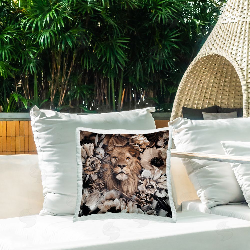 Reinders Mixed Flowers & Lion Outdoor Quick-Dry Polyester Printed Throw Pillow in Back Yard